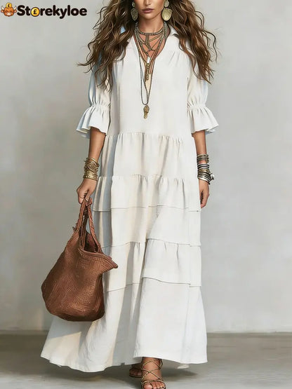 Casual Loose-fitting Linen And Cotton Half Sleeves Dress - White / S
