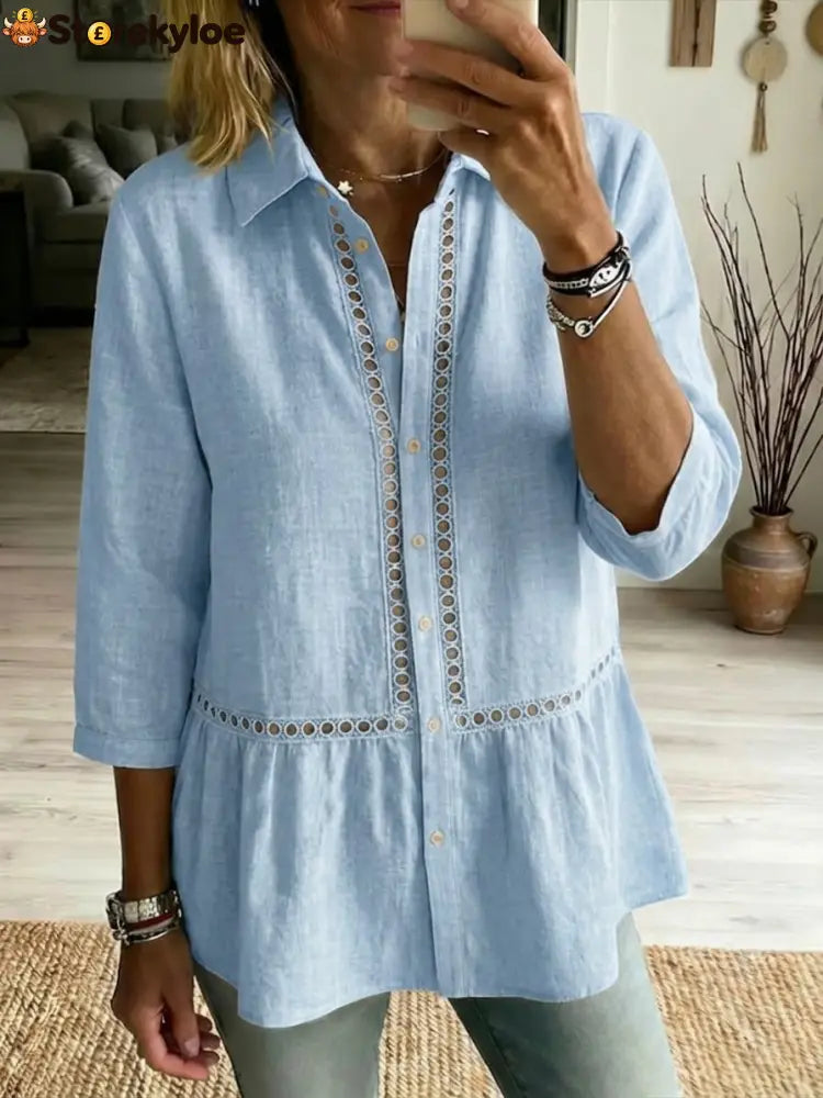 Casual Patchwork Openwork Webbing Linen And Cotton Shirt - LightBlue / S