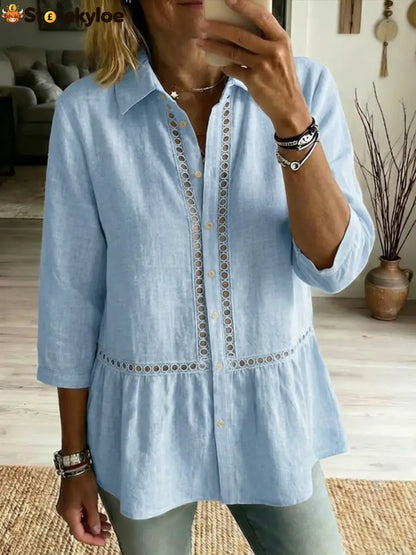 Casual Patchwork Openwork Webbing Linen And Cotton Shirt - LightBlue / S