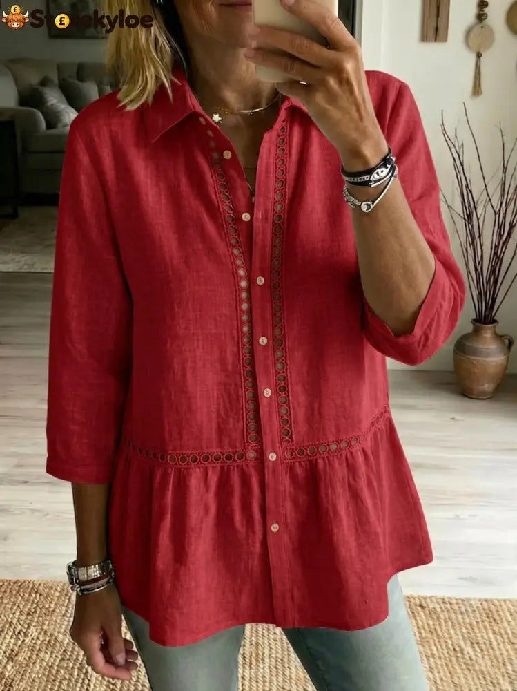 Casual Patchwork Openwork Webbing Linen And Cotton Shirt - Red / S