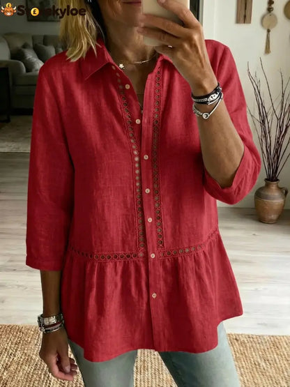 Casual Patchwork Openwork Webbing Linen And Cotton Shirt - Red / S