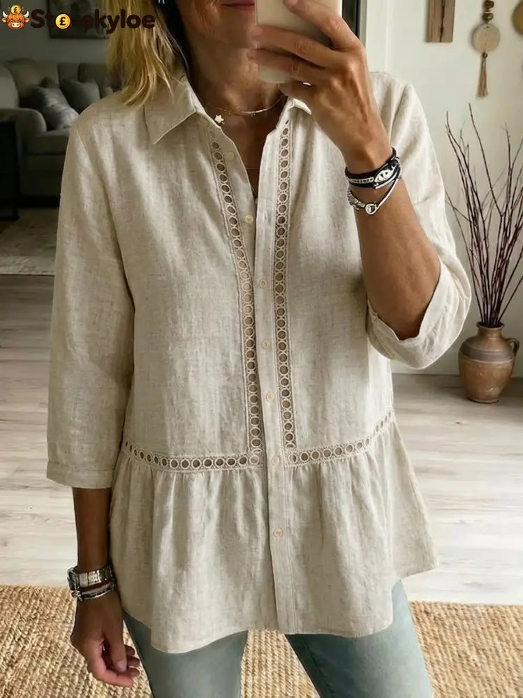Casual Patchwork Openwork Webbing Linen And Cotton Shirt - Sand / S