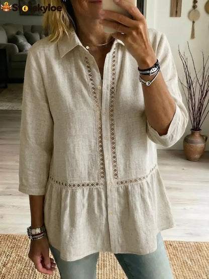 Casual Patchwork Openwork Webbing Linen And Cotton Shirt - Sand / S