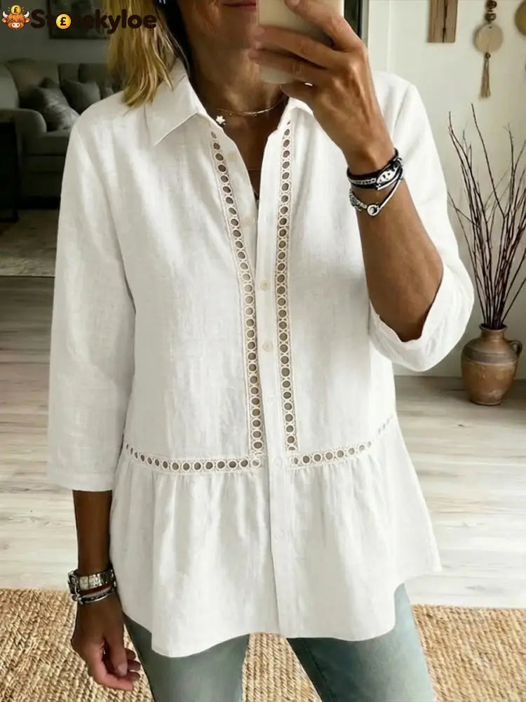 Casual Patchwork Openwork Webbing Linen And Cotton Shirt - White / S