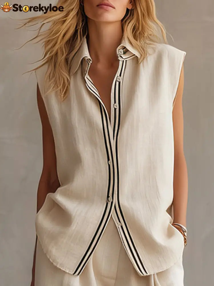 Casual Retro Apricot Cotton Linen Sleeveless Striped Shirt And Shorts Set