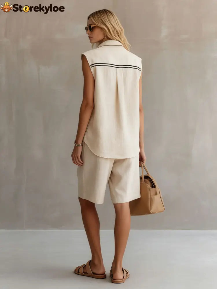 Casual Retro Apricot Cotton Linen Sleeveless Striped Shirt And Shorts Set