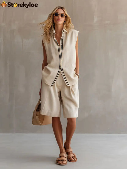 Casual Retro Apricot Cotton Linen Sleeveless Striped Shirt And Shorts Set
