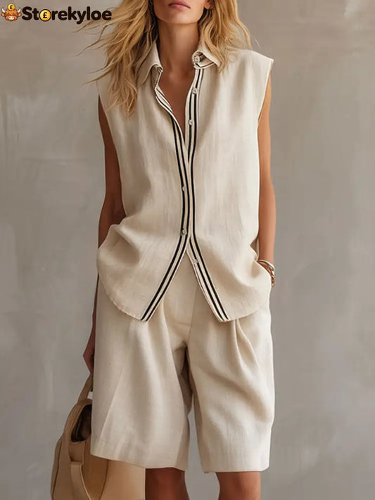 Casual Retro Apricot Cotton Linen Sleeveless Striped Shirt And Shorts Set - Apricot / XS