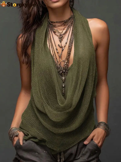 Casual & Sexy Knitted Tank Top Two-piece Set - Olive / S