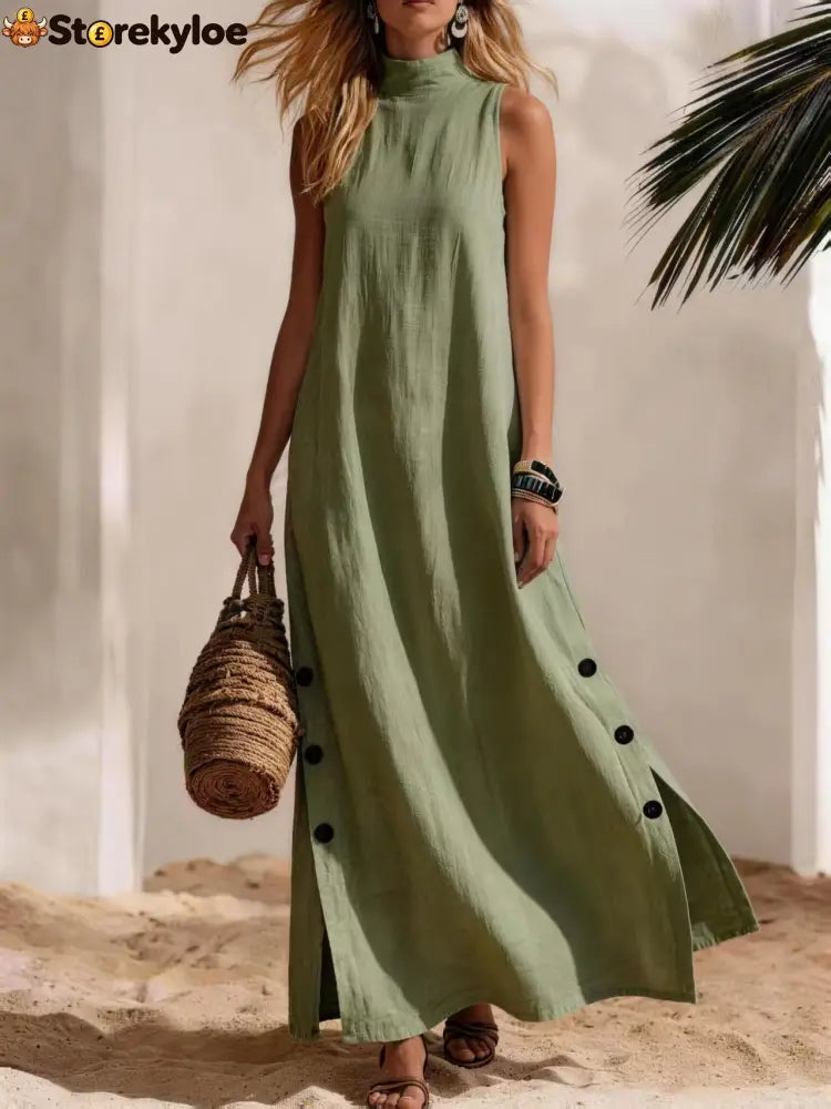 Casual Solid Color Cotton And Linen Sleeveless Side Slit Maxi Dress - Army green / S - Dresses