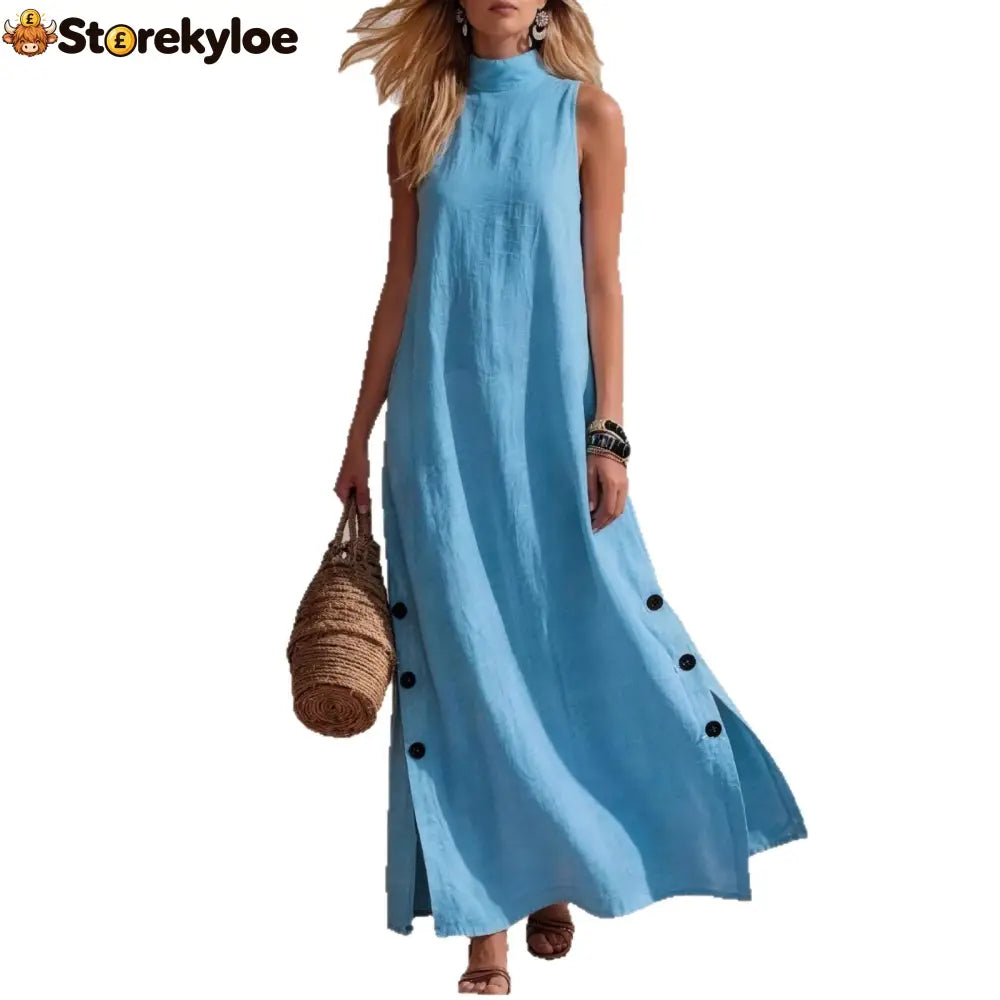 Casual Solid Color Cotton And Linen Sleeveless Side Slit Maxi Dress - Dresses