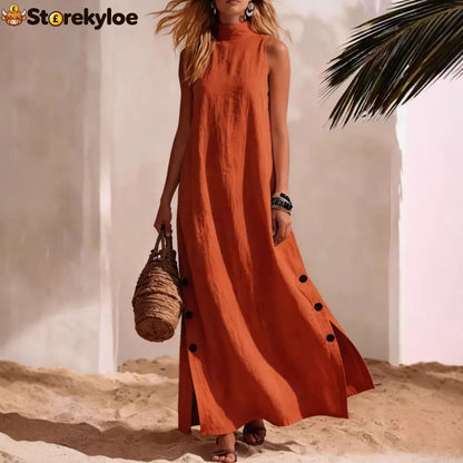 Casual Solid Color Cotton And Linen Sleeveless Side Slit Maxi Dress - Dresses