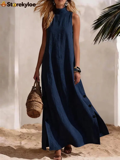 Casual Solid Color Cotton And Linen Sleeveless Side Slit Maxi Dress - Navy blue / S - Dresses