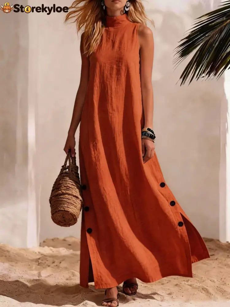 Casual Solid Color Cotton And Linen Sleeveless Side Slit Maxi Dress - Orange red / S - Dresses