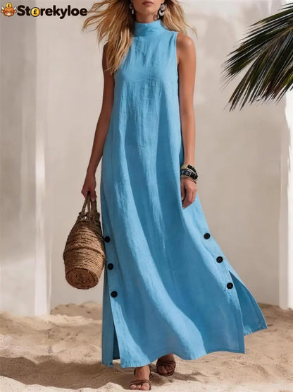 Casual Solid Color Cotton And Linen Sleeveless Side Slit Maxi Dress - Sky blue / S - Dresses