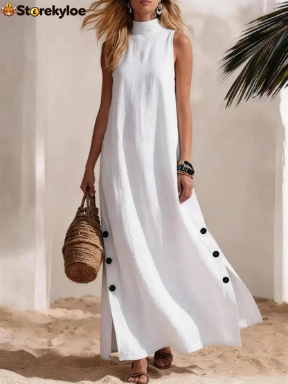 Casual Solid Color Cotton And Linen Sleeveless Side Slit Maxi Dress - White / S - Dresses