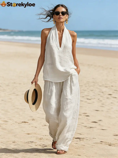 Casual Urban Style White Linen V-neck Sleeveless Top And Wide Leg Pants Set