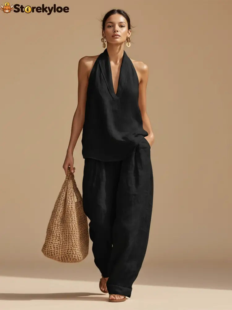 Casual Urban Style White Linen V-neck Sleeveless Top And Wide Leg Pants Set