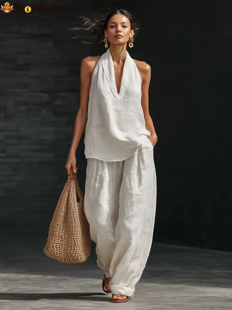Casual Urban Style White Linen V-neck Sleeveless Top And Wide Leg Pants Set