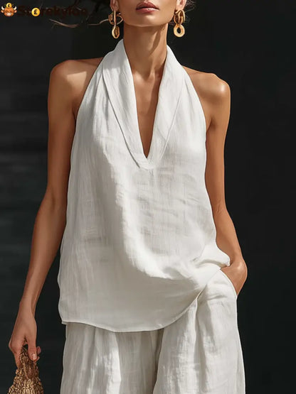 Casual Urban Style White Linen V-neck Sleeveless Top And Wide Leg Pants Set