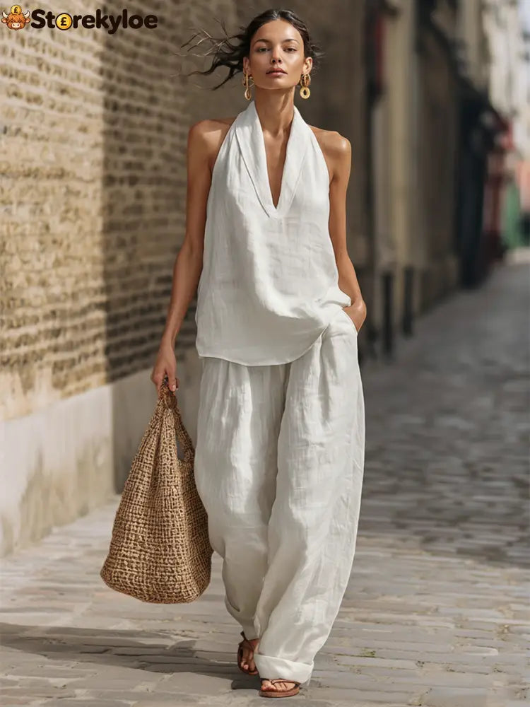 Casual Urban Style White Linen V-neck Sleeveless Top And Wide Leg Pants Set