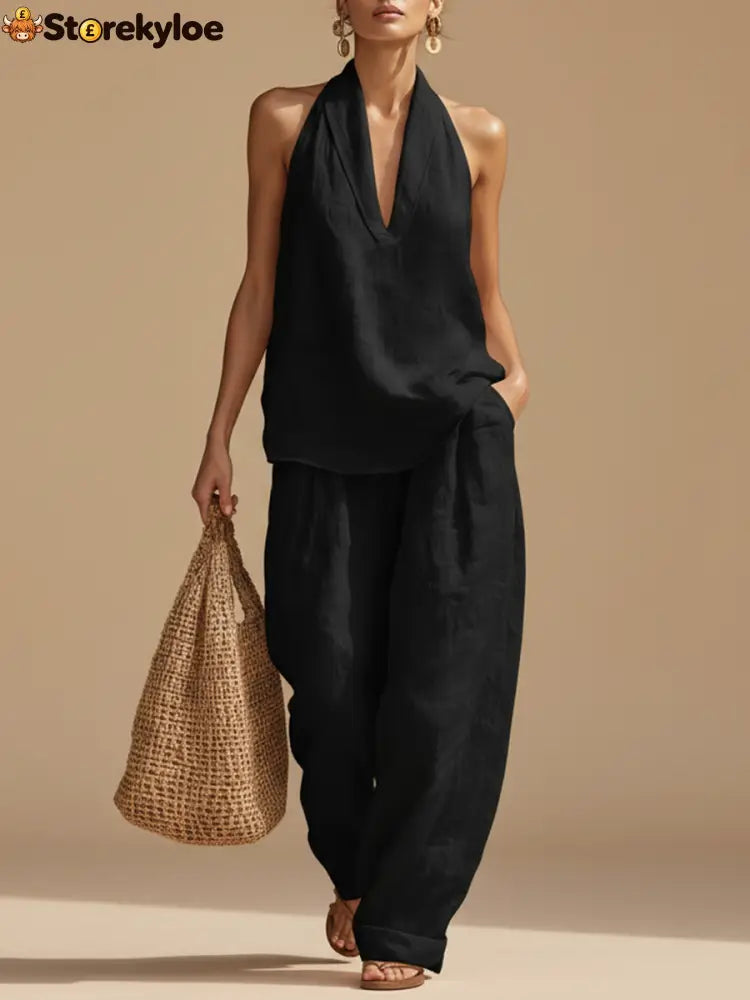 Casual Urban Style White Linen V-neck Sleeveless Top And Wide Leg Pants Set - Black / S