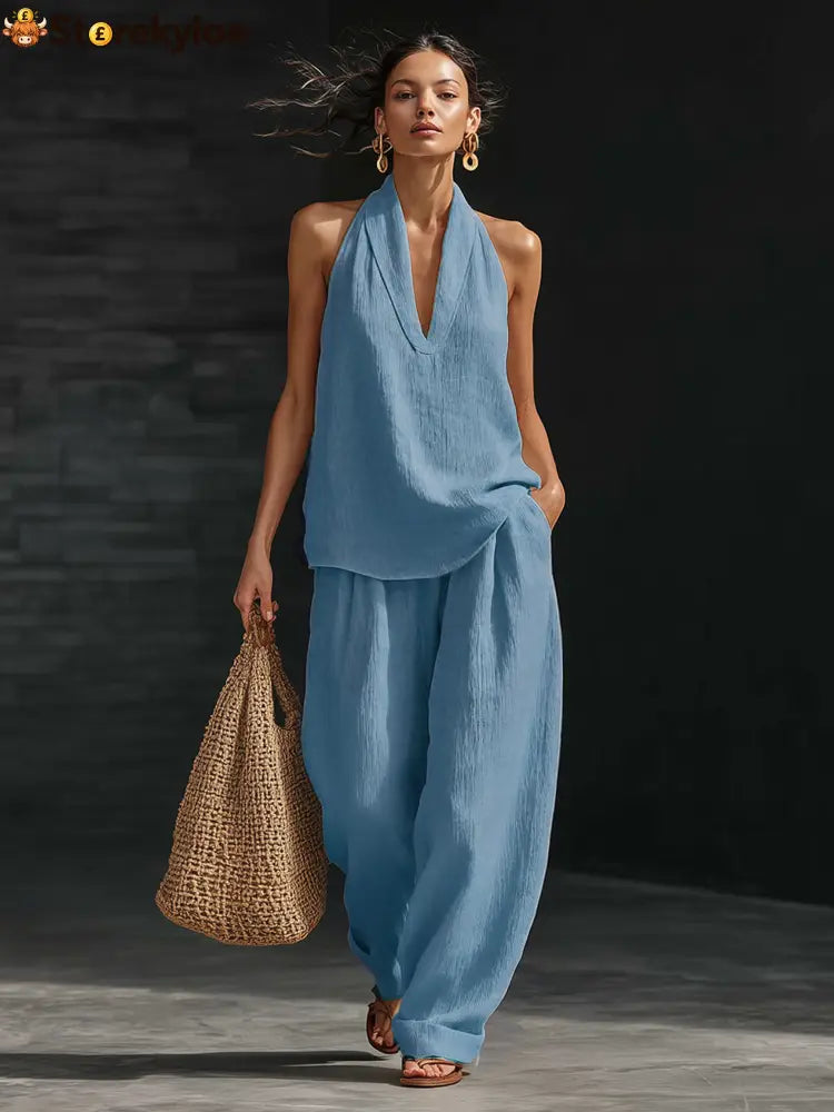 Casual Urban Style White Linen V-neck Sleeveless Top And Wide Leg Pants Set - Blue / 3XL