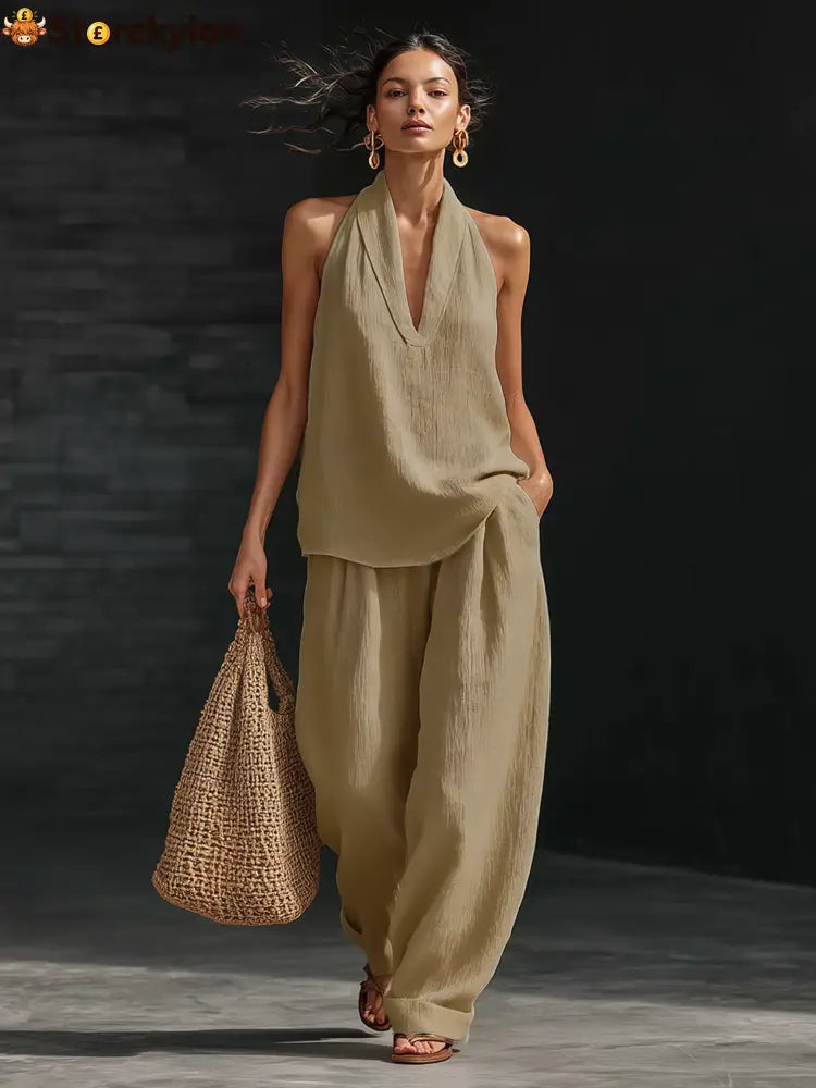 Casual Urban Style White Linen V-neck Sleeveless Top And Wide Leg Pants Set - Brown / 3XL