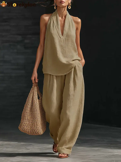 Casual Urban Style White Linen V-neck Sleeveless Top And Wide Leg Pants Set - Brown / S