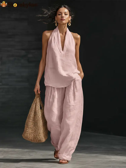 Casual Urban Style White Linen V-neck Sleeveless Top And Wide Leg Pants Set - Pink / 3XL