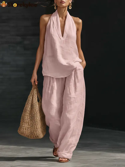 Casual Urban Style White Linen V-neck Sleeveless Top And Wide Leg Pants Set - Pink / S