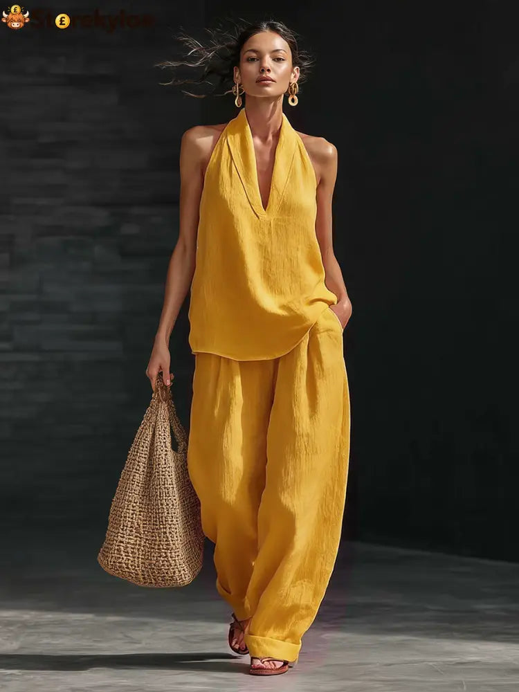 Casual Urban Style White Linen V-neck Sleeveless Top And Wide Leg Pants Set - Yellow / 3XL