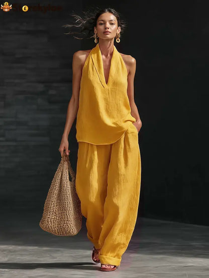 Casual Urban Style White Linen V-neck Sleeveless Top And Wide Leg Pants Set - Yellow / 3XL