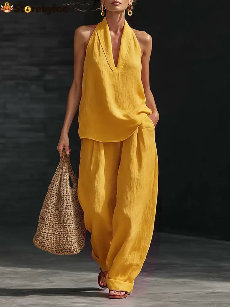 Casual Urban Style White Linen V-neck Sleeveless Top And Wide Leg Pants Set - Yellow / S
