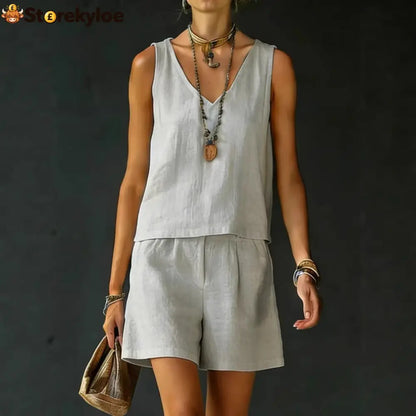 Casual V-Neck Sleeveless Top & Shorts Set