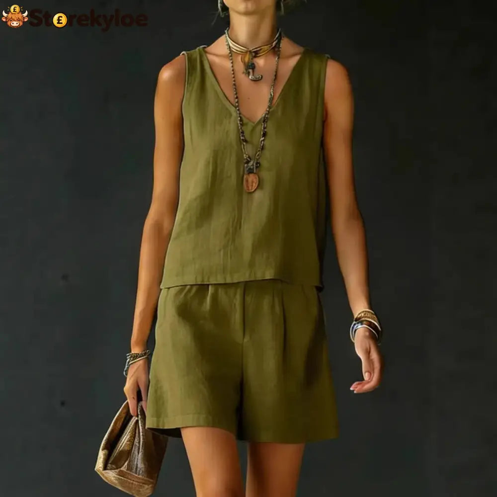 Casual V-Neck Sleeveless Top & Shorts Set