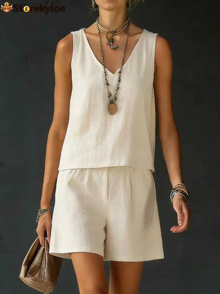 Casual V-Neck Sleeveless Top & Shorts Set - Ivory white / S