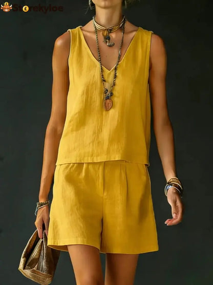 Casual V-Neck Sleeveless Top & Shorts Set - Yellow / S