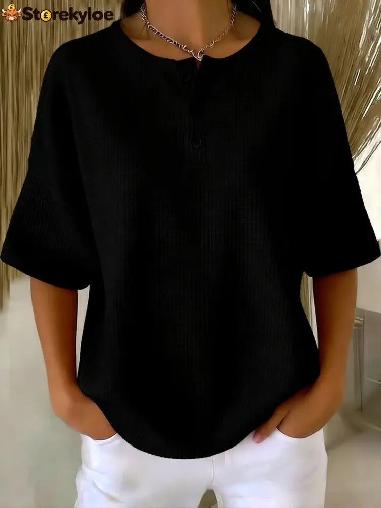 Casual Waffle Henry Collar Sweatshirt - Black / S
