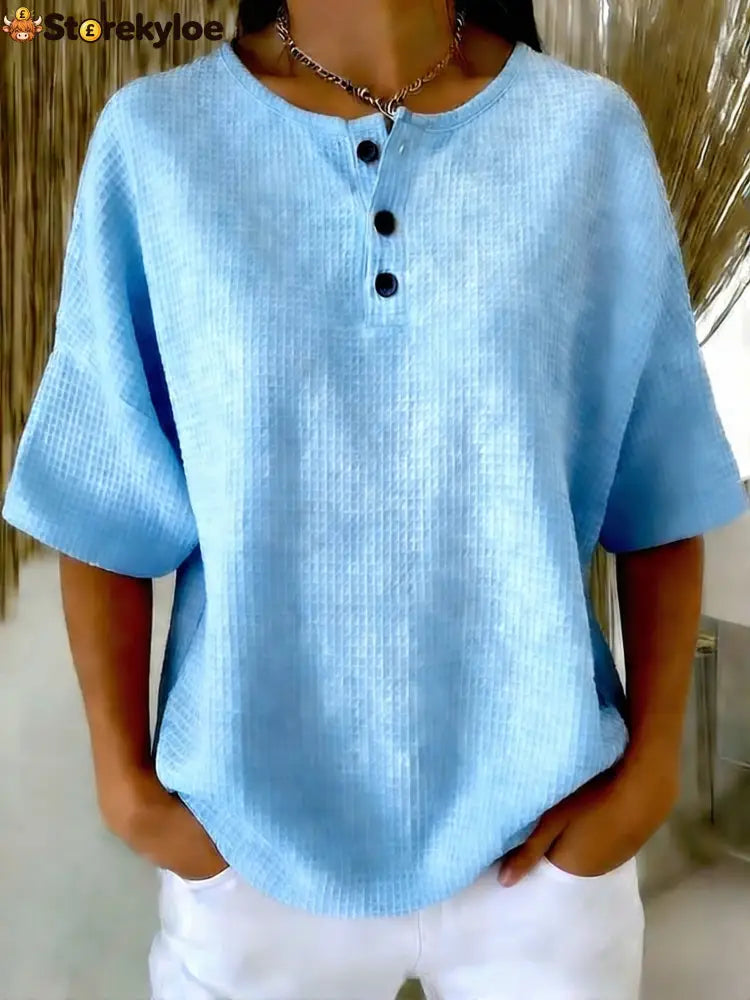 Casual Waffle Henry Collar Sweatshirt - Blue / S