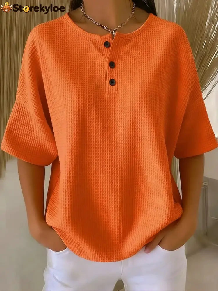 Casual Waffle Henry Collar Sweatshirt - Orange / S