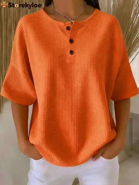 Casual Waffle Henry Collar Sweatshirt - Orange / S
