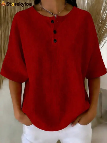 Casual Waffle Henry Collar Sweatshirt - Red / S