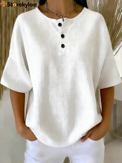 Casual Waffle Henry Collar Sweatshirt - White / S