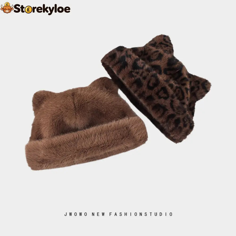 Cat Ear Plush Winter Beanie - Brown Leopard