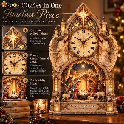 🏅Cathedral-style Bethlehem Nativity Clock – The Christmas Story Bathed In Warm Light.