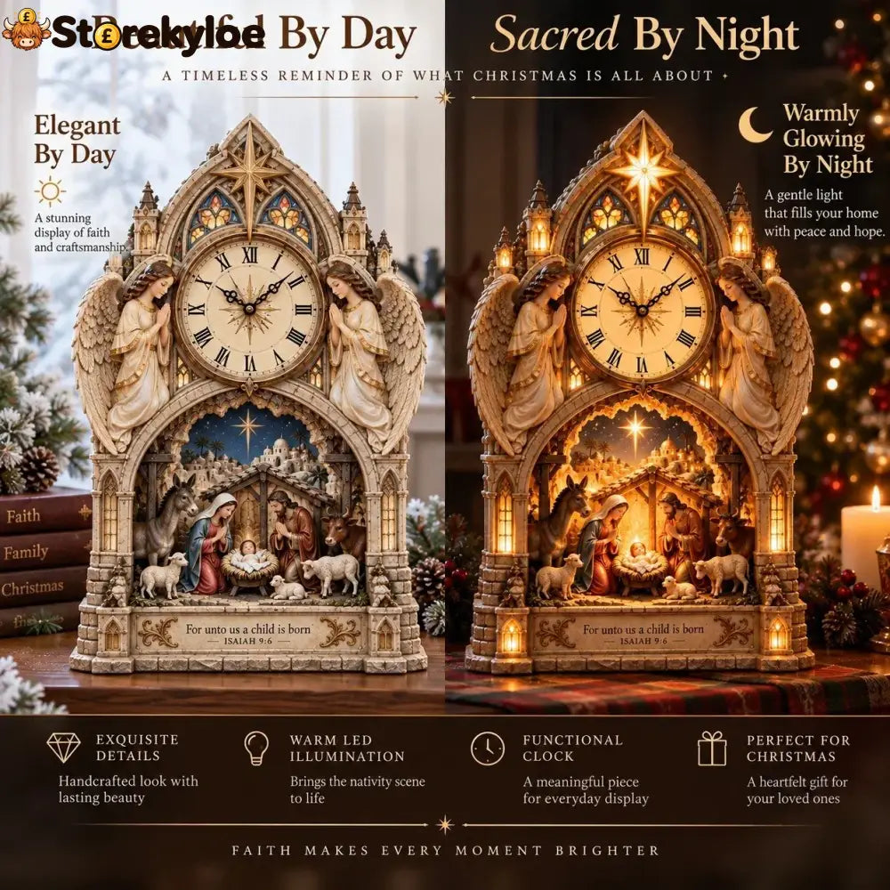 🏅Cathedral-style Bethlehem Nativity Clock – The Christmas Story Bathed In Warm Light.