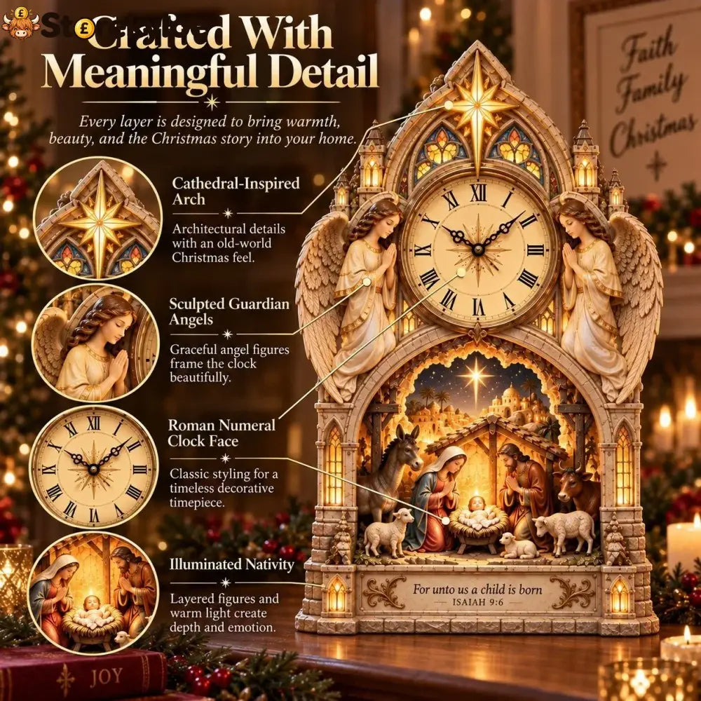🏅Cathedral-style Bethlehem Nativity Clock – The Christmas Story Bathed In Warm Light.
