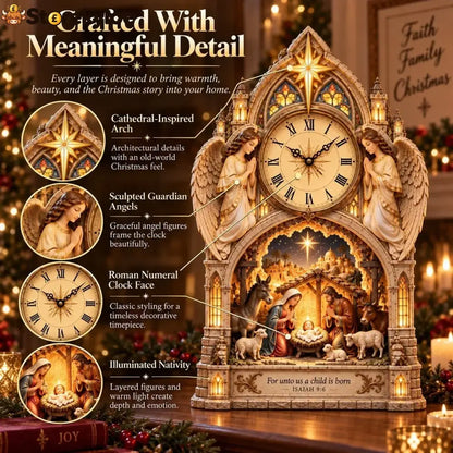 🏅Cathedral-style Bethlehem Nativity Clock – The Christmas Story Bathed In Warm Light.