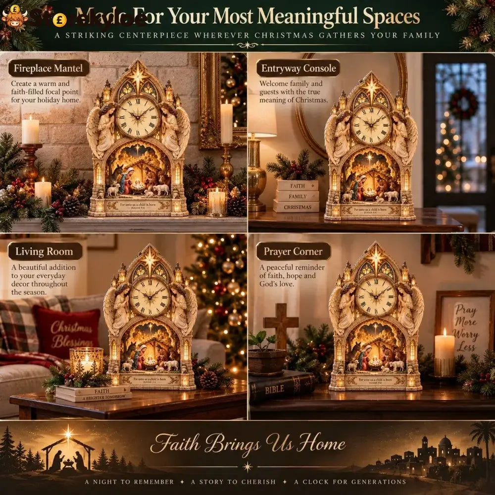 🏅Cathedral-style Bethlehem Nativity Clock – The Christmas Story Bathed In Warm Light.